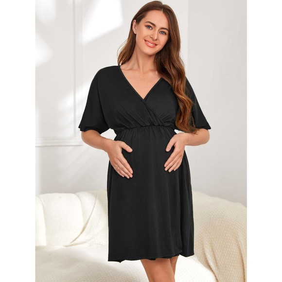 Maternity Surplice v Neck short sleeve mini Dress green - Picture 5 of 8